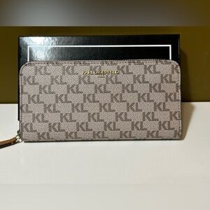 Karl Lagerfeld Tan Monogram 3/4 Zip Wallet, Gift Ready, NIB NWOT